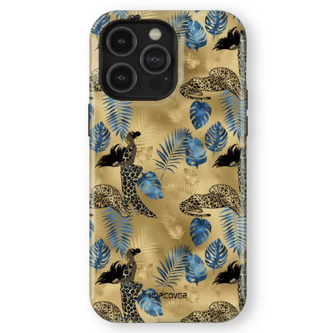 iphone 14 pro max telefono deklas auksines spalvos su leopardu
