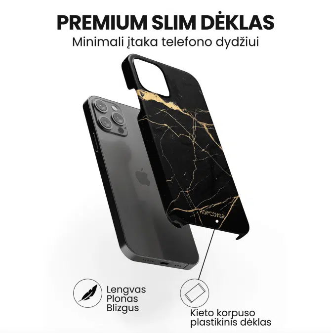 iphone 14 pro max telefono deklas juodos ir auksines spalvos