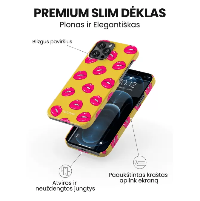 iphone 14 pro max telefono deklas geltonos spalvos su raudonomis lupomis