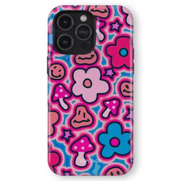 iphone 14 pro max telefono deklas violetines spalvos psichodeliku stiliaus su grybais