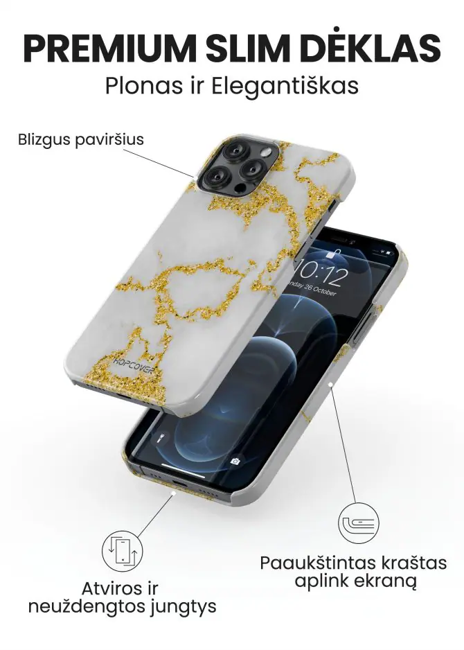 iphone 14 pro max telefono deklas marmurinis baltos ir auksines spalvos